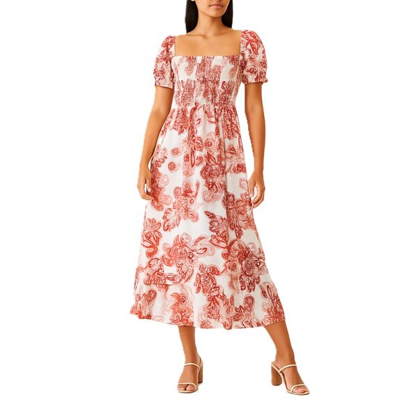NWT Lepogee Floral Midi Dress Suze L Puff Sleeve Boho Cottagecore Red Rust - Picture 1 of 8